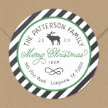 Christmas Reindeer Circle Return Address Label<br><div class="desc">Affordable custom printed round return address stickers personalized with your family name, the year and your return address. This fun design features a striped background, reindeer graphic and modern rustic typography in green, white and charcoal gray colors. The text reads "Merry Christmas" in a trendy script font. Use the design...</div>