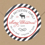 Christmas Reindeer Circle Return Address Label<br><div class="desc">Affordable custom printed round return address stickers personalized with your family name, the year and your return address. This fun design features a striped background, reindeer graphic and modern rustic typography in red, white and charcoal gray colors. The text reads "Merry Christmas" in a trendy script font. Use the design...</div>