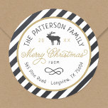Christmas Reindeer Circle Return Address Label<br><div class="desc">Affordable custom printed round return address stickers personalized with your family name, the year and your return address. This fun design features a striped background, reindeer graphic and modern rustic typography in gold, white and charcoal gray colors. The text reads "Merry Christmas" in a trendy script font. Use the design...</div>