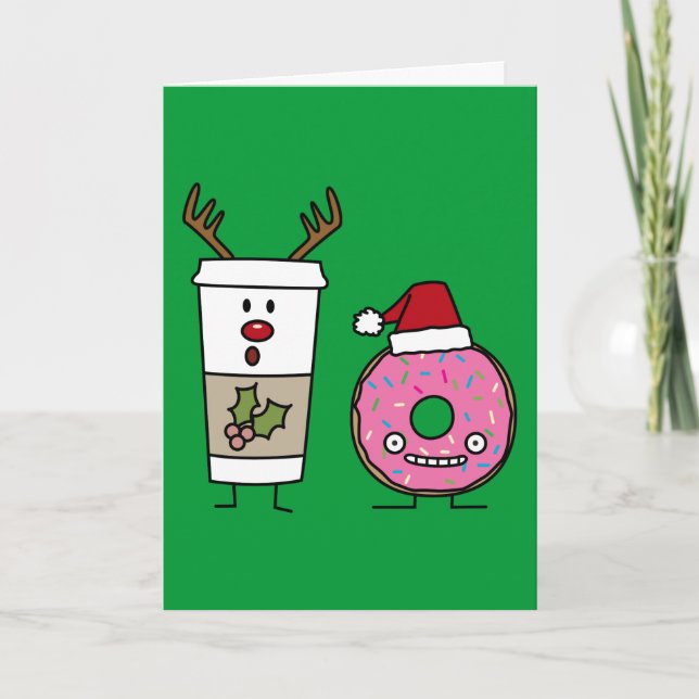 Christmas Reindeer Coffee and Santa Donut Holiday Card (Front)
