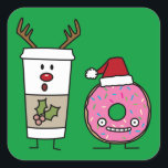 Christmas Reindeer Coffee and Santa Donut Square Sticker<br><div class="desc">Happy caffeinated holidays! Celebrate with this pair,  reindeer coffe cup and crazy eyes donut wearing a Santa hat! Ho ho ho! Thank you for looking at Happy Foods Design. Berenice Limon ©.  www.zazzle.com/kitteh03 for more designs!</div>