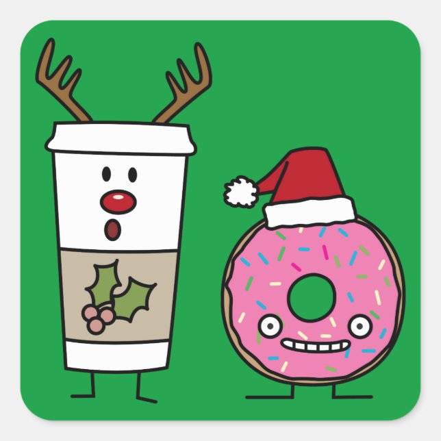 Christmas Reindeer Coffee and Santa Donut Square Sticker (Front)