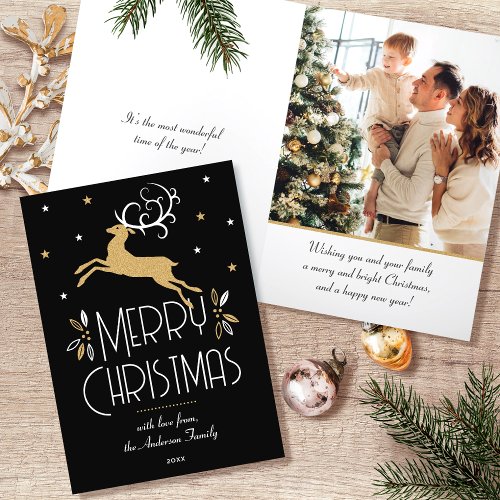 Christmas Reindeer Custom Photo Black Gold Holiday Card