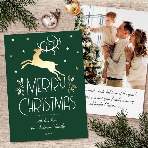 Christmas Reindeer Custom Photo Dark Green Gold Foil Holiday Card