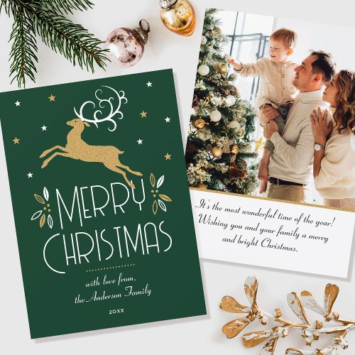 Christmas Reindeer Custom Photo Green Gold Flat Card