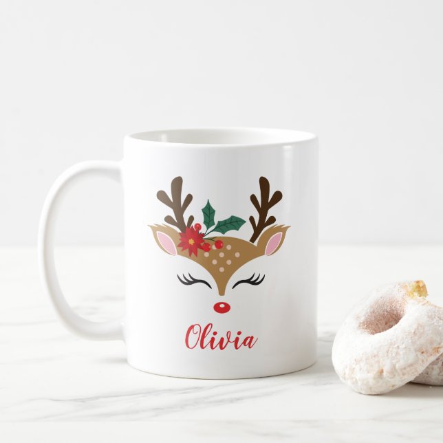 Christmas Reindeer Cute Face Coffee Mug (With Donut)