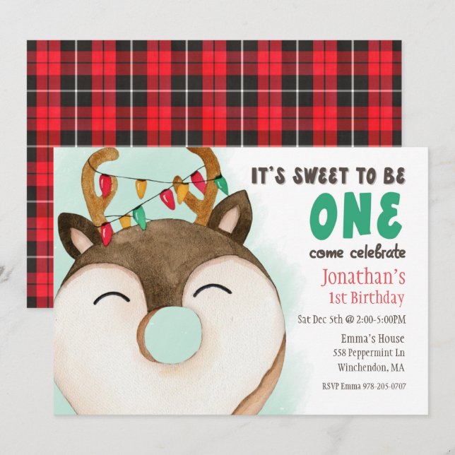 Christmas Reindeer Donut Birthday Party Invitation (Front/Back)