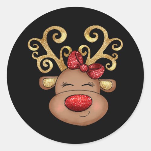Christmas reindeer face cute red gold black classic round sticker