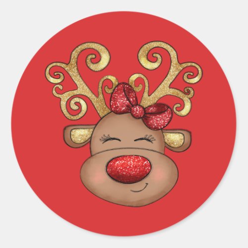 Christmas reindeer face cute red gold holiday  classic round sticker