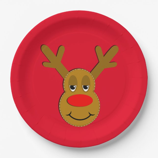 Christmas Reindeer Face Red Paper Plates (Front)