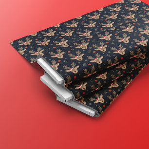Christmas Reindeer Face Seamless Pattern   Black Fabric