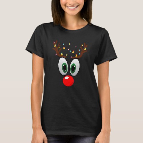 Christmas Reindeer face Xmas Antler Lights Holiday T_Shirt