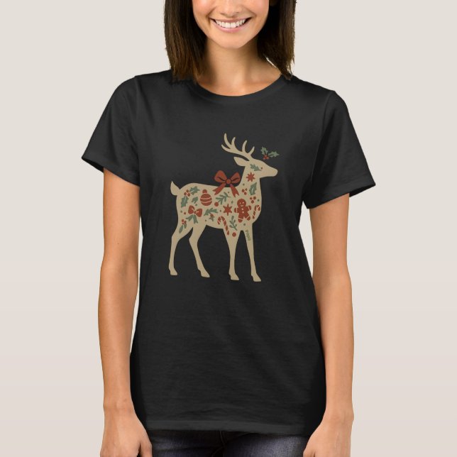 Christmas Reindeer Floral Art T-Shirt (Front)