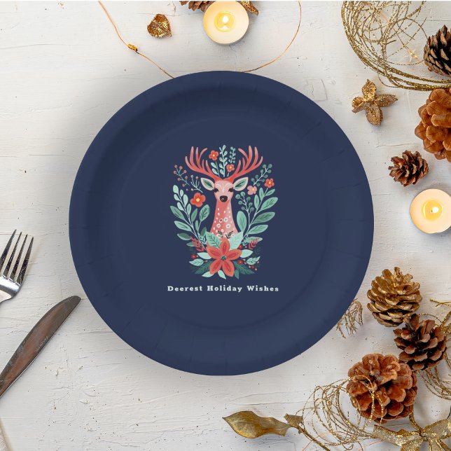 Christmas Reindeer Floral Blue Holiday Paper Plate (Creator Uploaded)