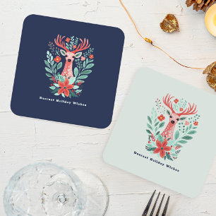 Christmas Reindeer Floral Mint Holiday Square Paper Coaster
