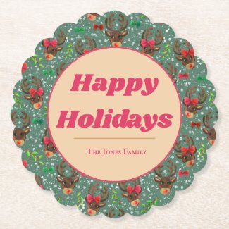 Christmas Reindeer Forest green  Paper Coaster