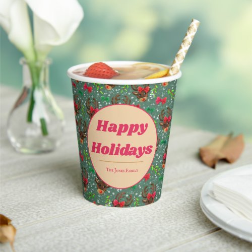 Christmas Reindeer Forest green Paper Cups