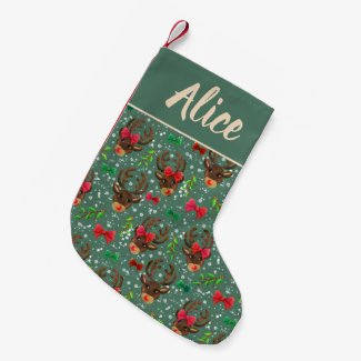 Christmas Reindeer Forest green   Short Table Runn Small Christmas Stocking
