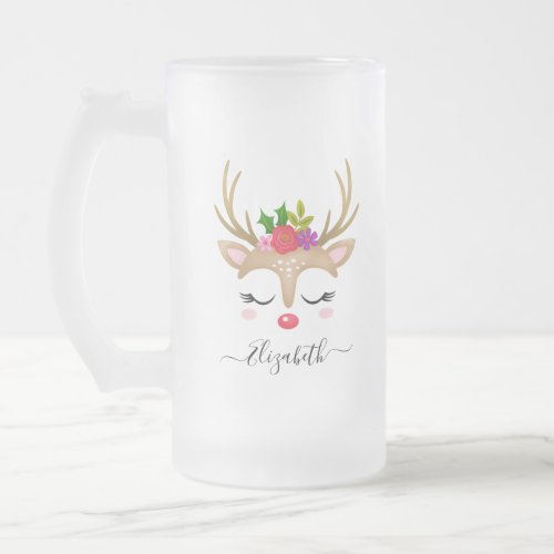 Christmas Reindeer Frosted Glass Beer Mug