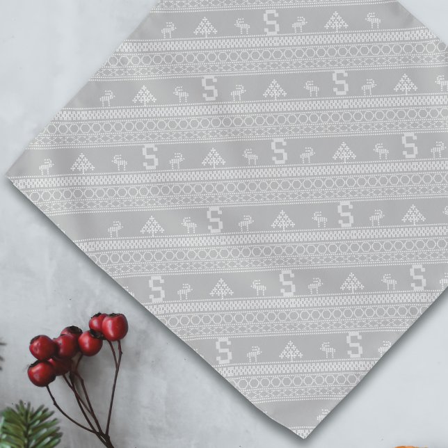Christmas Reindeer Gray Holiday Bandana (A Nordic sweater inspired festive bandanna with space for your initial)