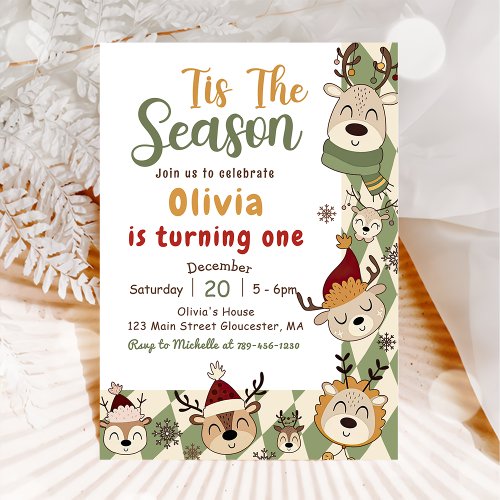  Christmas Reindeer Green Birthday Party  Invitation