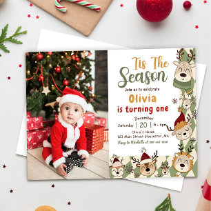 Christmas Reindeer Green Birthday Party Photo Invitation