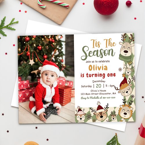  Christmas Reindeer Green Birthday Party Photo Invitation