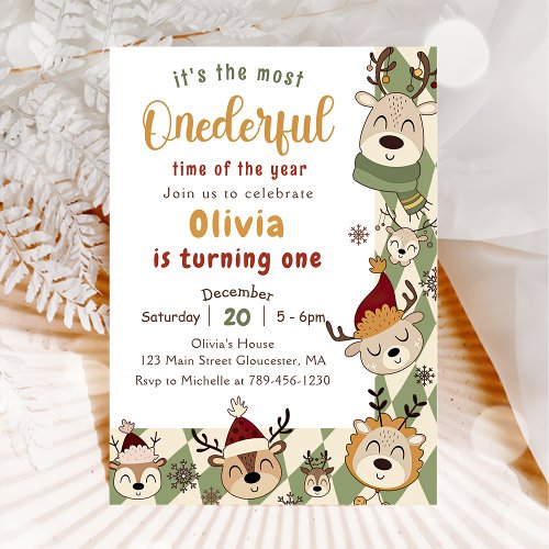  Christmas Reindeer Green Onederful First Birthday Invitation