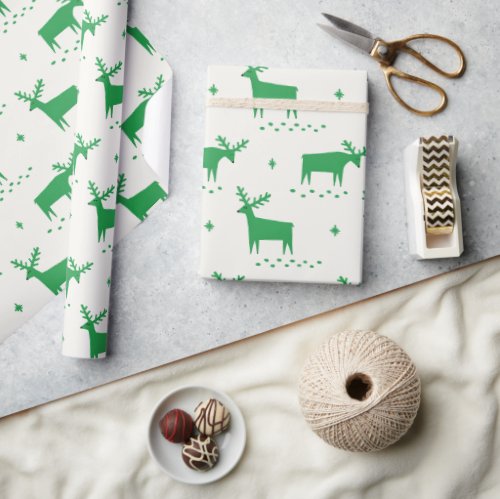 Christmas reindeer Green woodland animal pattern Wrapping Paper