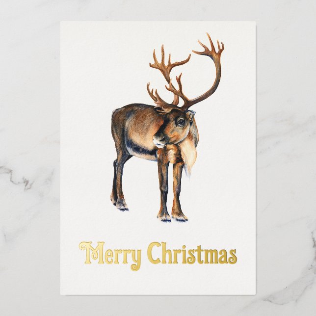Christmas Reindeer Hand-Painted Caribou Watercolor Foil Holiday Card (Front)