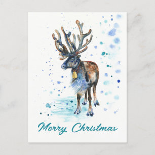 Christmas Reindeer Hand-Painted Watercolor Holiday Postcard