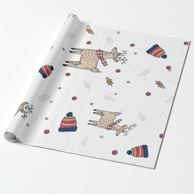 Christmas Reindeer Hats Pattern Wrapping Paper (Unrolled)