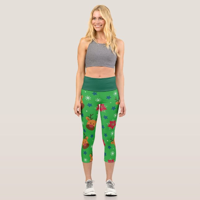 Christmas Reindeer High-Waisted  Capri Leggings (Front)
