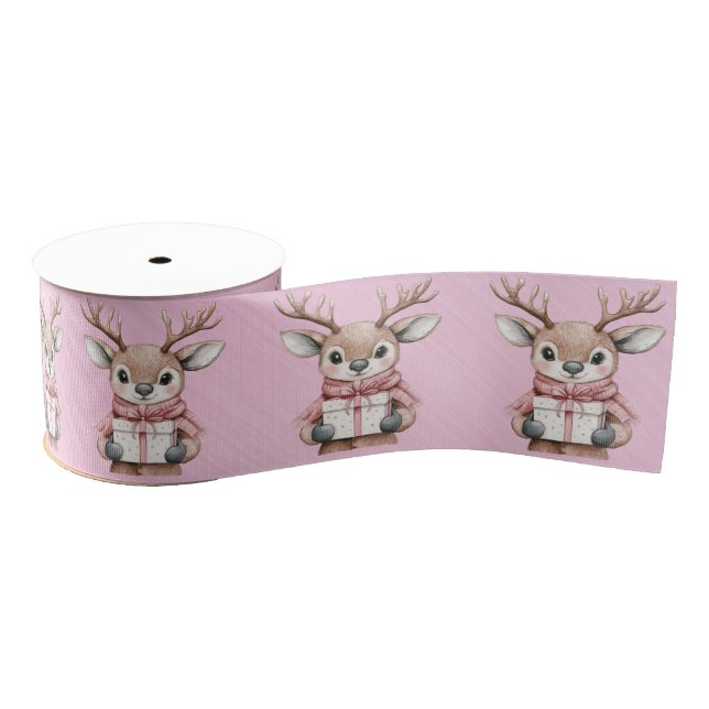 Christmas Reindeer Holding Presents Grosgrain Ribbon (Spool)