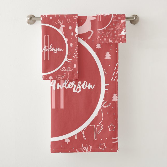 CHRISTMAS REINDEER & HOLIDAY CHEER CUSTOM MONOGRAM BATH TOWEL SET (Insitu)