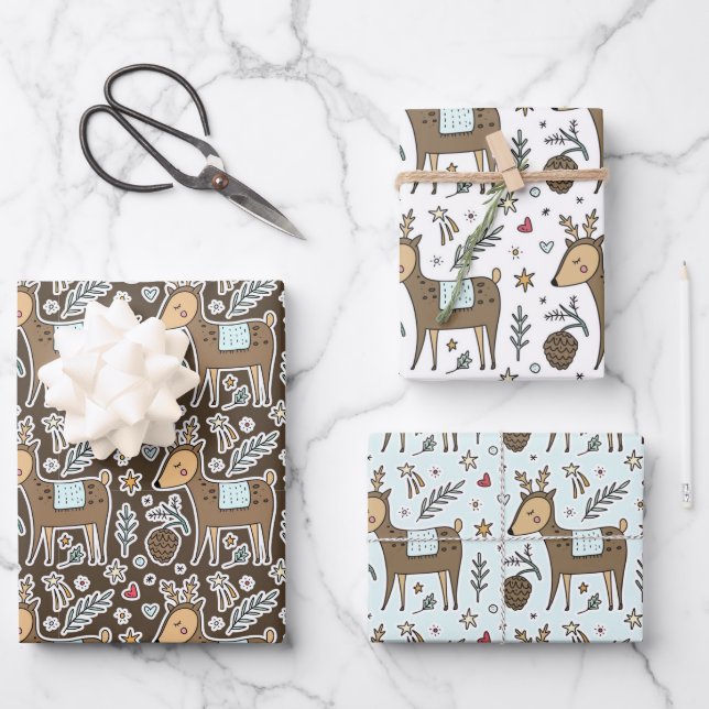 Christmas Reindeer Holiday Pattern Wrapping Paper Sheets (Front)