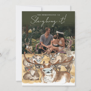 Christmas Reindeer holiday photocard Forest Green Card