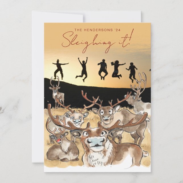 Christmas Reindeer holiday photocard golden yellow Card (Front)