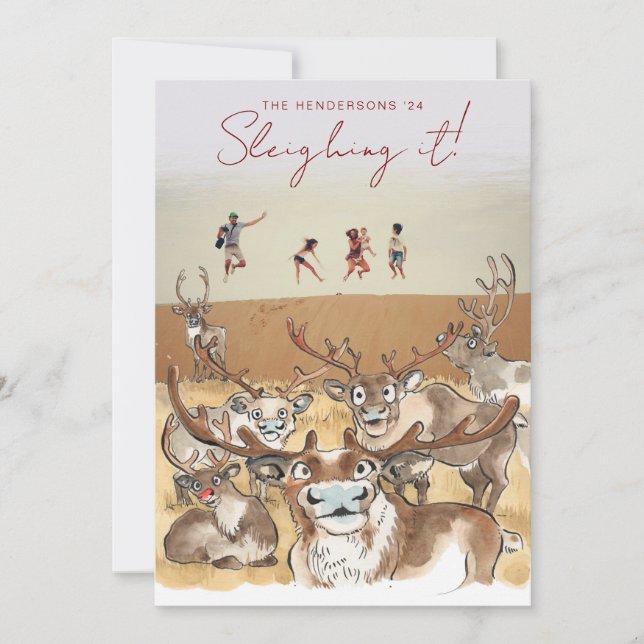 Christmas Reindeer holiday photocard Pale Gray Card (Front)