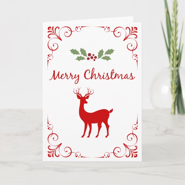 Christmas Reindeer Holly Classic Elegant Holiday Card (Front)