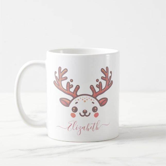 Christmas Reindeer Horn Face Custom Name Coffee Mug (Left)