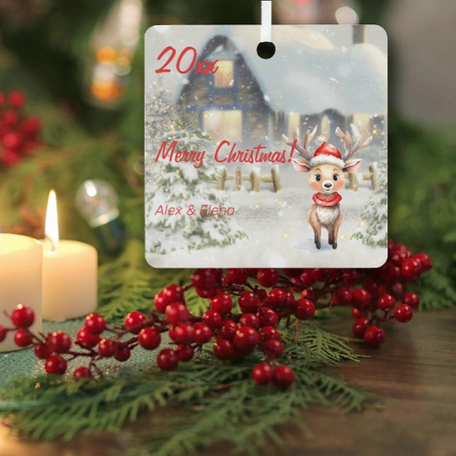  Christmas reindeer house photo Square Ornament (Creator Uploaded)