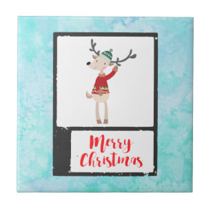 Christmas Reindeer In An Ugly Sweater Whimsical Ceramic Tile