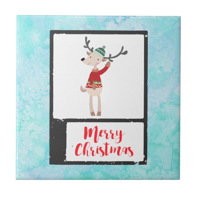 Christmas Reindeer In An Ugly Sweater Whimsical Ceramic Tile (Front)