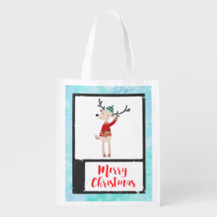 Christmas Reindeer In An Ugly Sweater Whimsical Reusable Grocery Bag