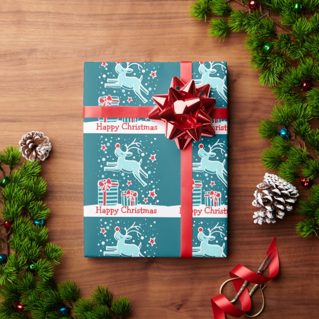 Christmas reindeer in the snow aqua holiday wrap wrapping paper (Holiday Gift)