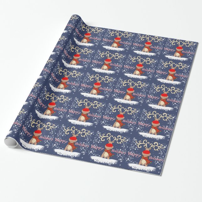 Christmas reindeer in the snow blue holiday wrap wrapping paper (Unrolled)