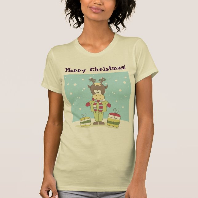 Christmas Reindeer in the Snow with Gifts T-Shirt (Front)