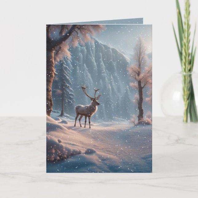 Christmas Reindeer In Winter Valley Forest Holiday Card (Front)