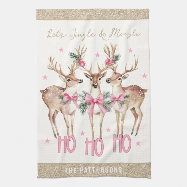 Christmas Reindeer Jingle & Mingle Personalized Kitchen Towel (Vertical)